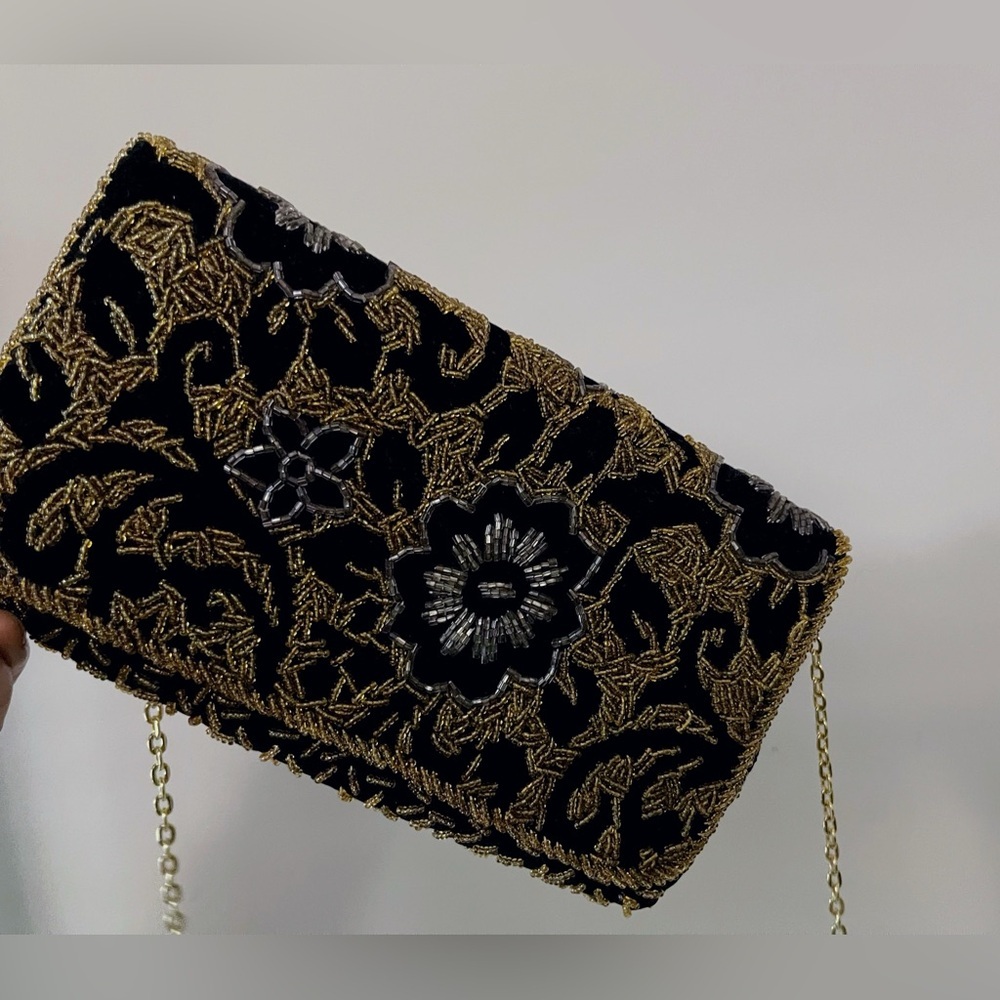 Vintage beaded black & gold glam bag clutch glam evening wedding party